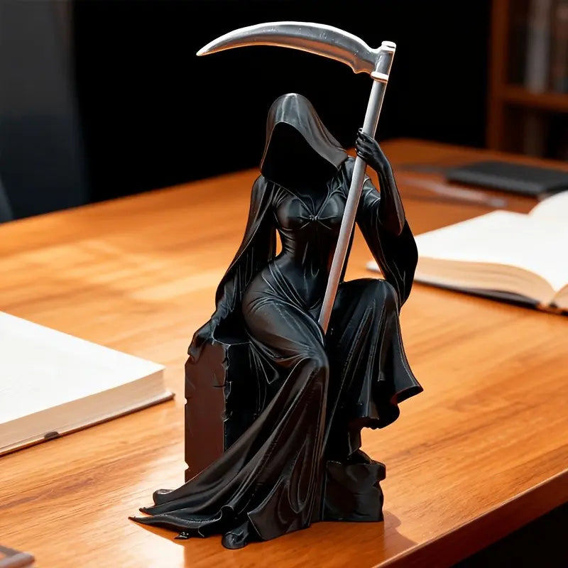 Dark Gothic Decorative Sculpture, Dark Figure Decor, Female Reaper Holding Scythe, Mystical Art Piece for Desktop Display, Unique Dark Atmosphere Ornament, Decoration Figure