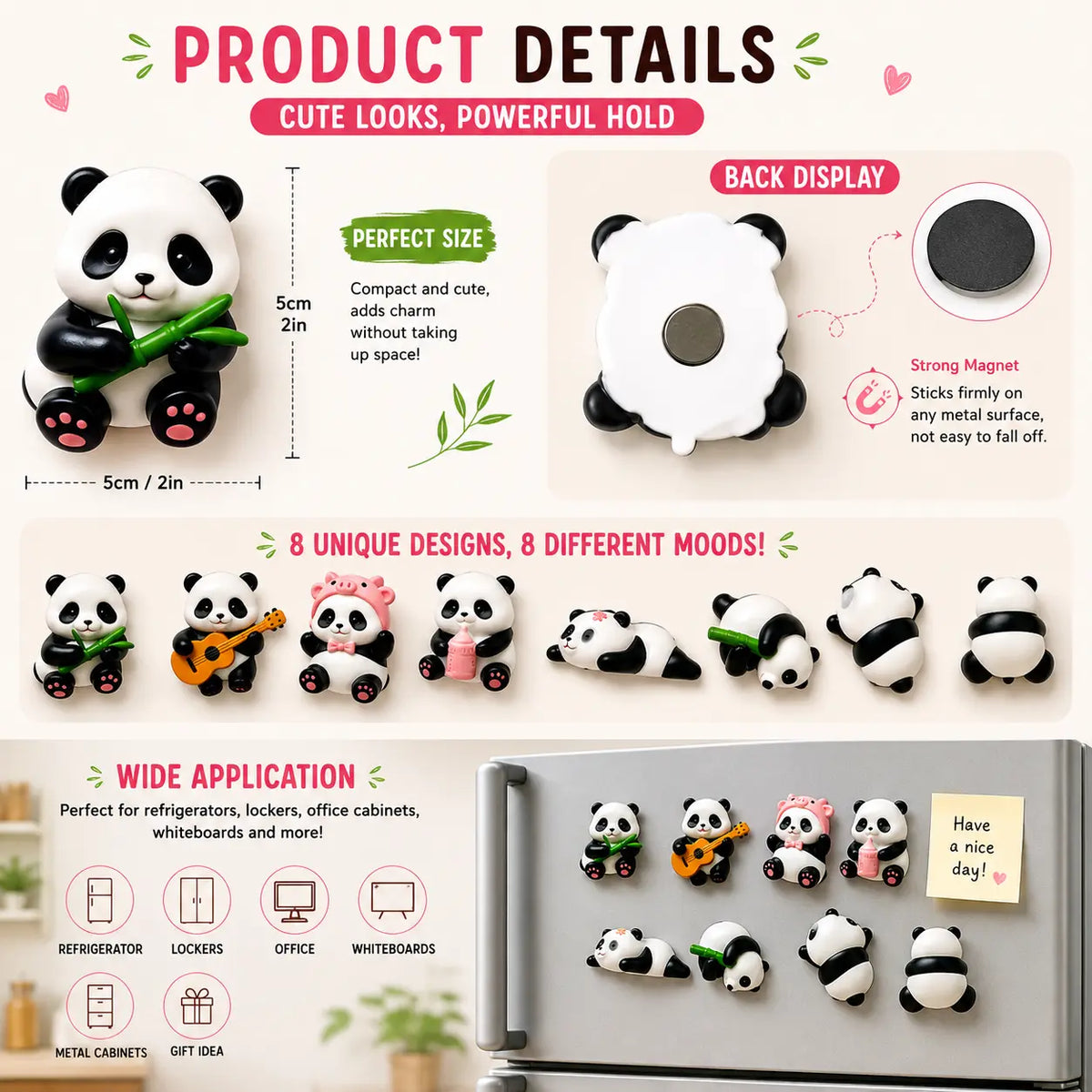 Kawaii 3D Panda Soft Resin Fridge Magnets Cute Set - Includes Magnet, Message Holders, Kitchen Decor, Playful Gift for Panda Lovers (4-8 Pcs)