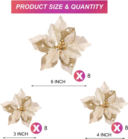 Boao 24 Pieces Christmas Artificial Glitter Poinsettia Flowers Xmas Flowers Wedding Christmas Tree New Year Ornaments(Gold)