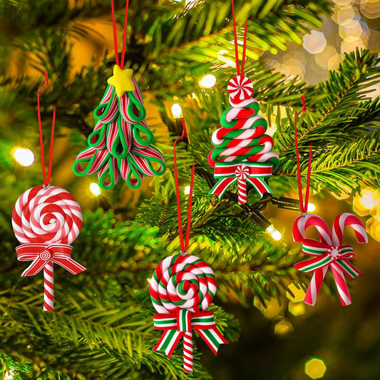 AUGSUN 16Pcs Christmas Lollipop Ornaments, Candy Christmas Tree Decorations Colorful Mini Candy Cane Hanging Ornaments Polymer Clay Peppermint Pendants for Xmas Tree Party Home Decorations