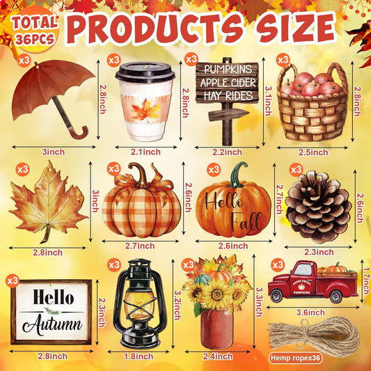 36PCS Wooden Fall Ornaments for Tree Thanksgiving Decorations,12 Styles Harvest Ornament Vintage Pumpkin Maple Leaf Cutouts for Crafts Hanging Autumn Decorations, Coffee Mug Gift Tags Hello Fall Truck