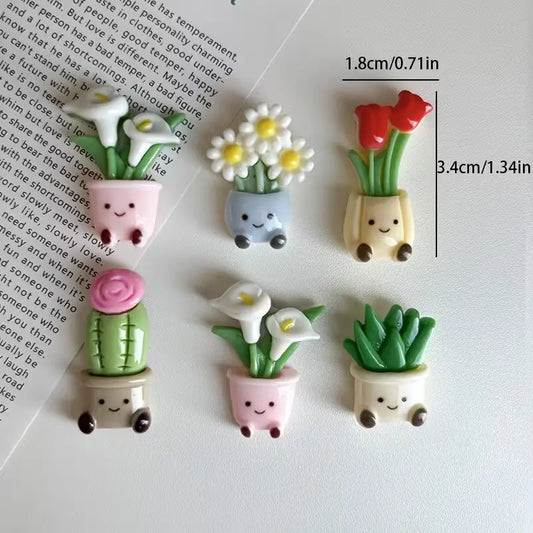 6 Potted Flower Refrigerator Magnets, Cute Smiling Plant Decor for Kitchen, Office, Whiteboard, Storage Cabinet, Dishwasher, Perfect Gift, Decorative, Fridge Magnets Cute
