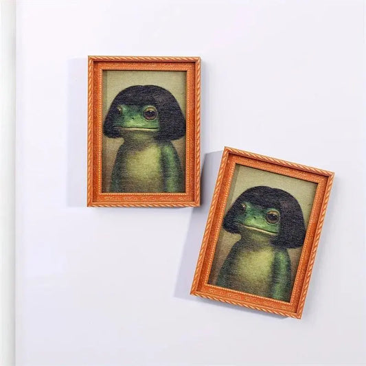 1Pc Wooden Frame Frog Magnet, Funny Green Frog & Haircut Design, Durable Kitchen Decor, Modern Home Refrigerator Ornament for Humor Lovers