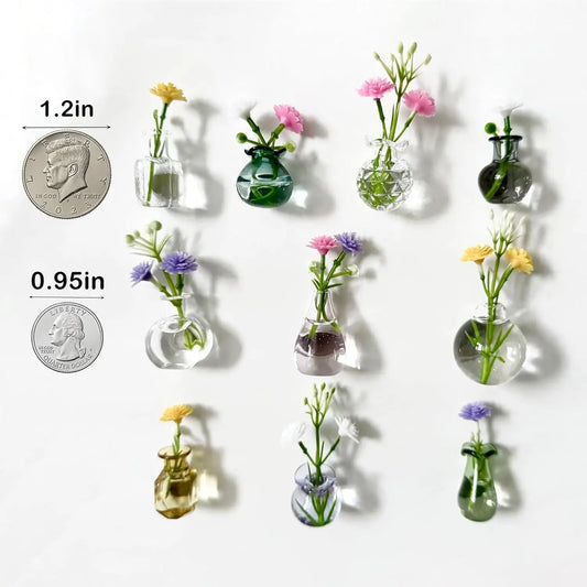 10pcs Magnetic Compact Metal Mini Glass Vase Set - Customizable Tiny Flower Pots with Magnets for Fridge, Home Decoration, Kitchen Office Gift Accessories
