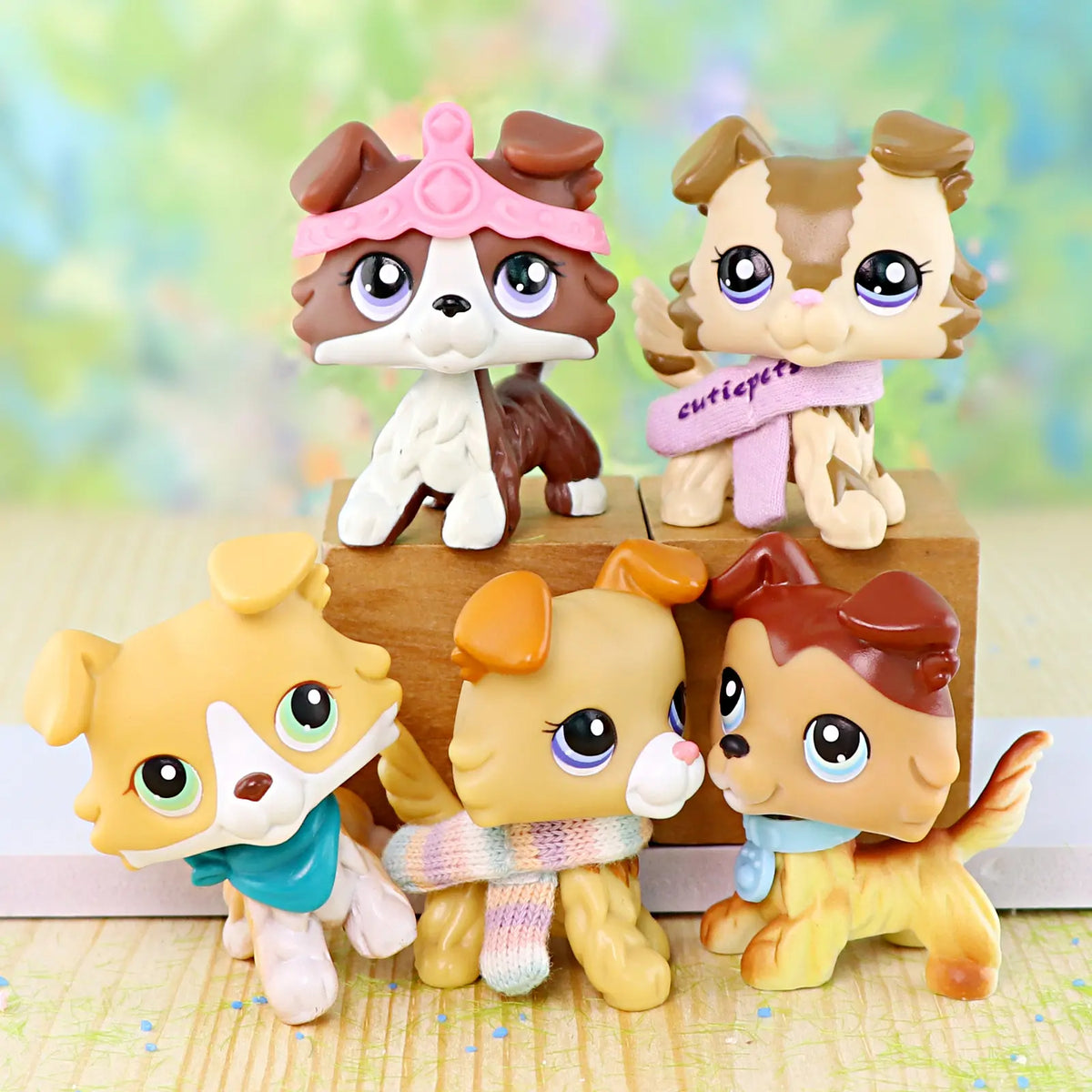 5 Pcs Tan PVC Plastic Mini Collie Dog Figurines Set - Cartoon Fluffy Puppy Miniature Models with Pink Tiara, Bandana, Knit Scarf, Collar Accessories, Painted Props, Animal Collectibles, Girls' Pretend Play Gift, Ornaments, Collectible Ornament