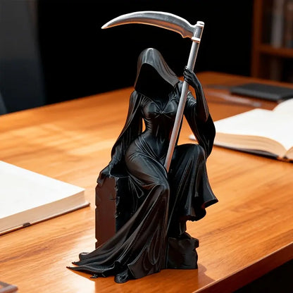 Dark Gothic Decorative Sculpture, Dark Figure Decor, Female Reaper Holding Scythe, Mystical Art Piece for Desktop Display, Unique Dark Atmosphere Ornament, Decoration Figure