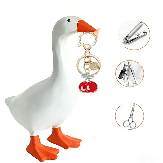 【Father's Day Gift】7-in Smooth Lightweight Modern Animal Theme Duck Statue Set with Magnetic Beak Metal Key Organiser, Stable Weighted Base, Strong Grip, Cute Goose Figurine for Desk Decor, Stands Steady Home & Kitchen Decor