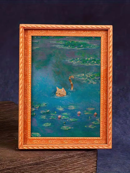 1pc Whimsical Water Lilies Funny Cat, Kitty Refrigerator Magnets - Monet Inspired Art, Black Cat and Orange Cat Design, Durable Wooden Material, Refrigerator Art, Perfect for Home & Office Decor, Holiday Gifts, Funny Fridge Magnets, and Kitchen Accessori