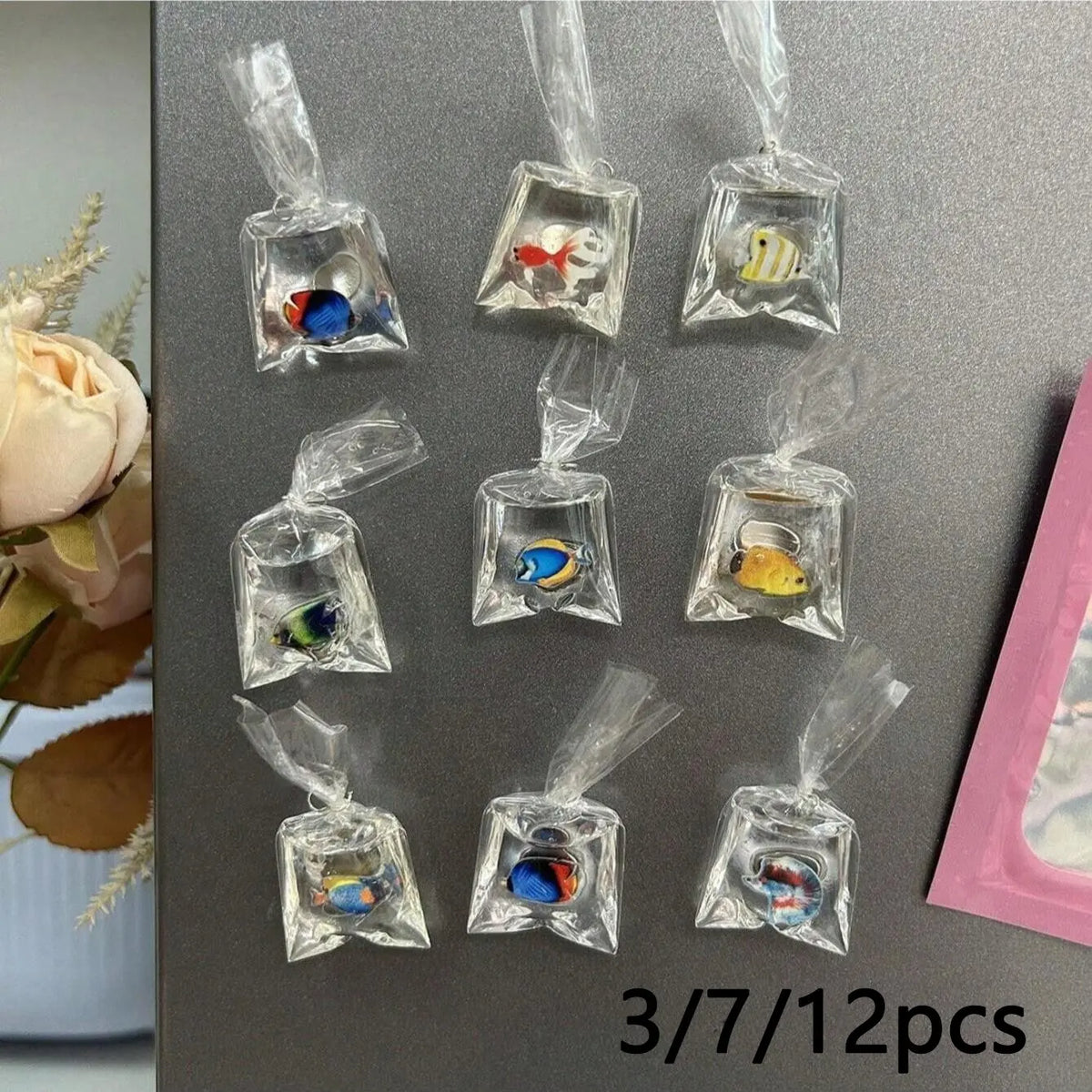 7-Piece Mini Water Bag Fish Magnet Set, Cartoon Ocean Tropical Fish Decor, Kitchen Office Whiteboard Organizer, Party Souvenir, Decorative Fridge Magnets, Cute Magnets For Fridge