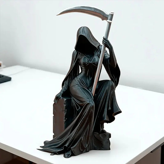 Dark Gothic Decorative Sculpture, Dark Figure Decor, Female Reaper Holding Scythe, Mystical Art Piece for Desktop Display, Unique Dark Atmosphere Ornament, Decoration Figure