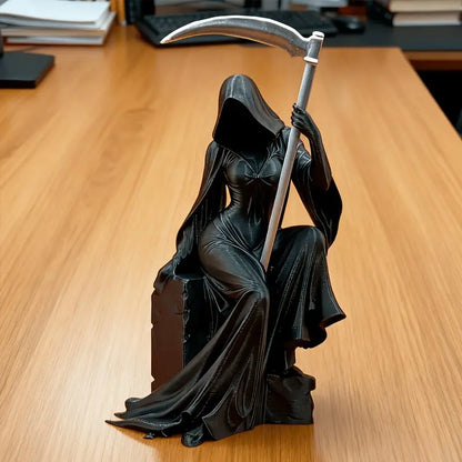 Dark Gothic Decorative Sculpture, Dark Figure Decor, Female Reaper Holding Scythe, Mystical Art Piece for Desktop Display, Unique Dark Atmosphere Ornament, Decoration Figure