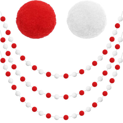 Jishi Christmas Pom Pom Garland Christmas Decorations for Tree Indoor Home Room Decor 3pk Cute Hanging Felt Ball Red White Green Pompom Bead Ornament String Banner Garland Xmas Birthday Party Supplies