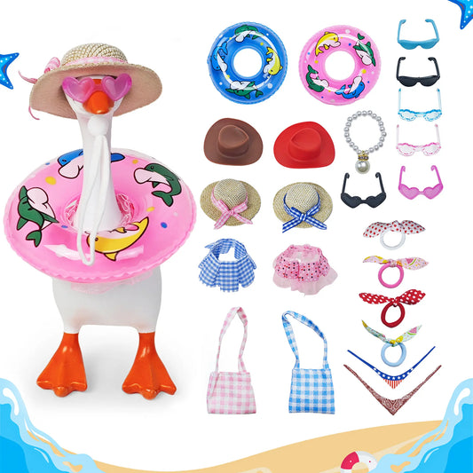 23-Piece Mini Clothing Set - 2 Pool Float Looks, 7" Fit, Colorful Prints, Desk Decor - Includes Accessories (Hats, Sunglasses, Bikini, Hair Clip, Swim Ring, Dresses) for Magnetic Porch Key Holder, Office Gifts (Figure Not Included), 7" Goose Fit, Kawaii G