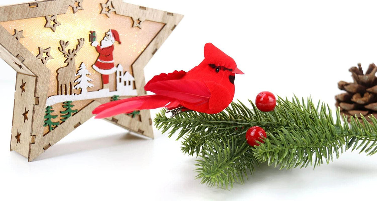 KLEWEE 12 Pcs Cardinal Birds for Crafts, Mini Cardinal Clip On Christmas Tree Ornaments Artificial Red Birds Decorations for Wreaths Centerpieces DIY Crafts, Red Velvet & Feathers