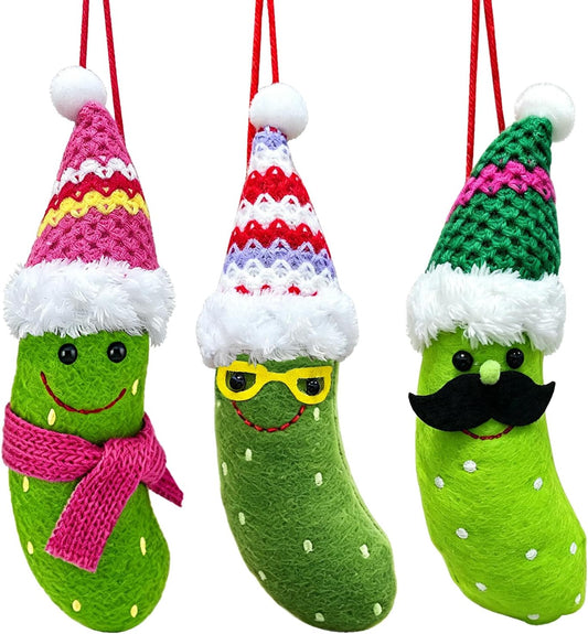 3 Pack Pickle Ornament, Green Felt German Christmas Ornaments, Funny Cute