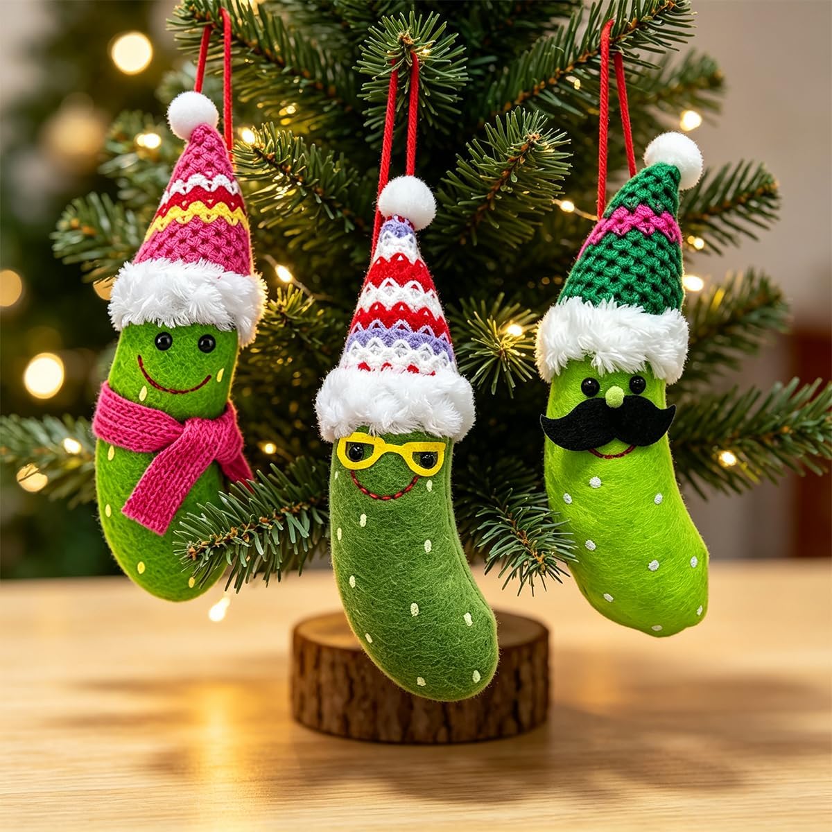 3 Pack Pickle Ornament, Green Felt German Christmas Ornaments, Funny Cute