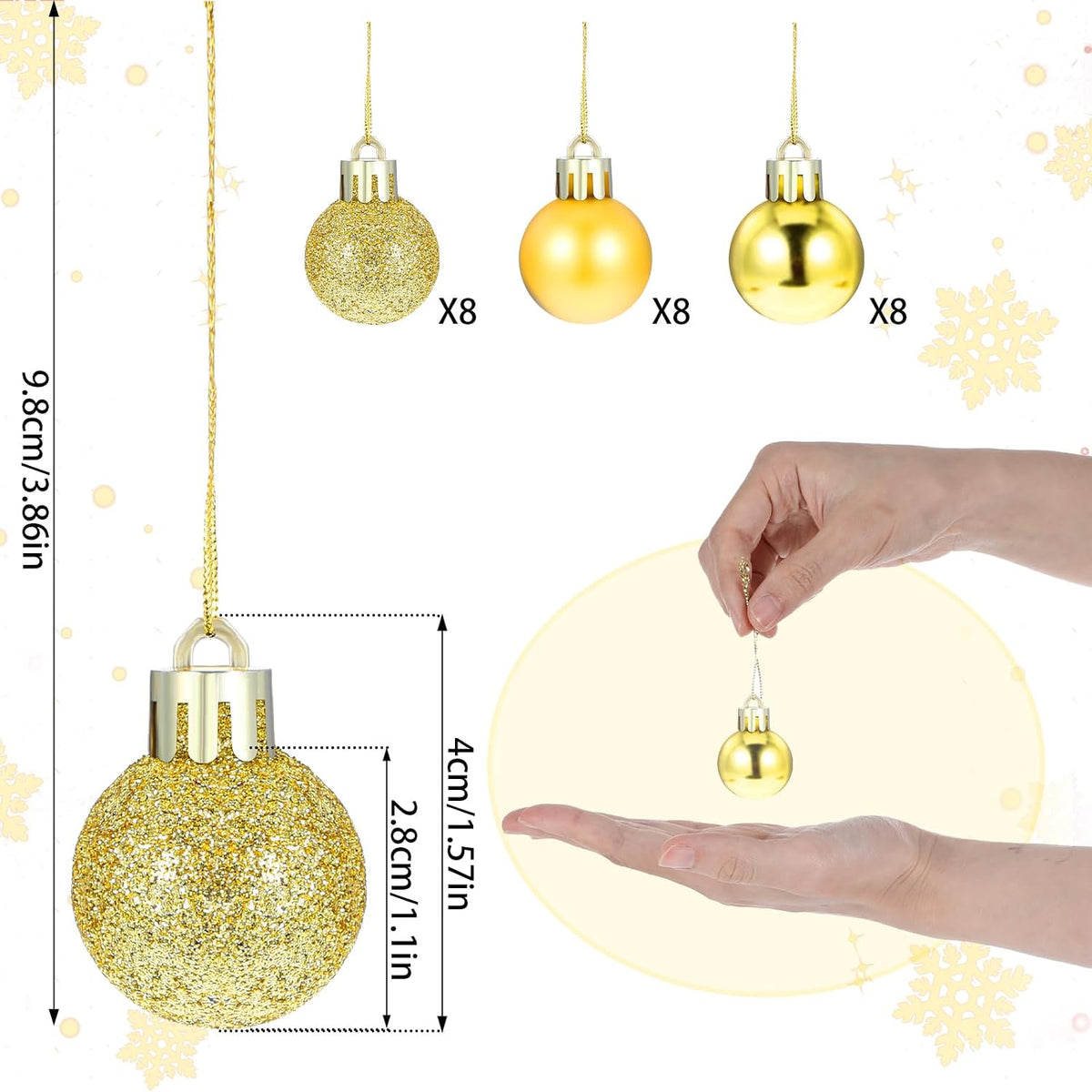 24 Pieces Mini Christmas Balls - Xmas Tree Ornaments and Decorations Pendant for Holiday Party Decor - 3cm/1.1'' (Gold)