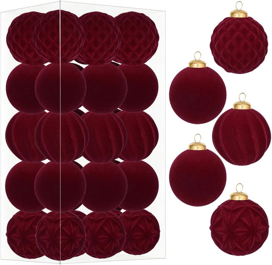 30Pcs Burgundy Velvet Christmas Ball Ornaments for Xmas Tree Decorations