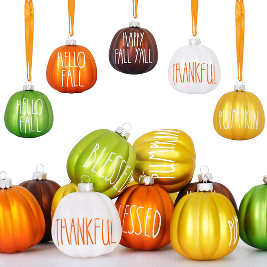 Fall Tree Ornaments Set 18 PCS Small Pumpkin Ball Hanging Ornaments Orange Green Brown Gold White, for Thanksgiving, Halloween Tree Decor Fall Decorations for Home,1.97"