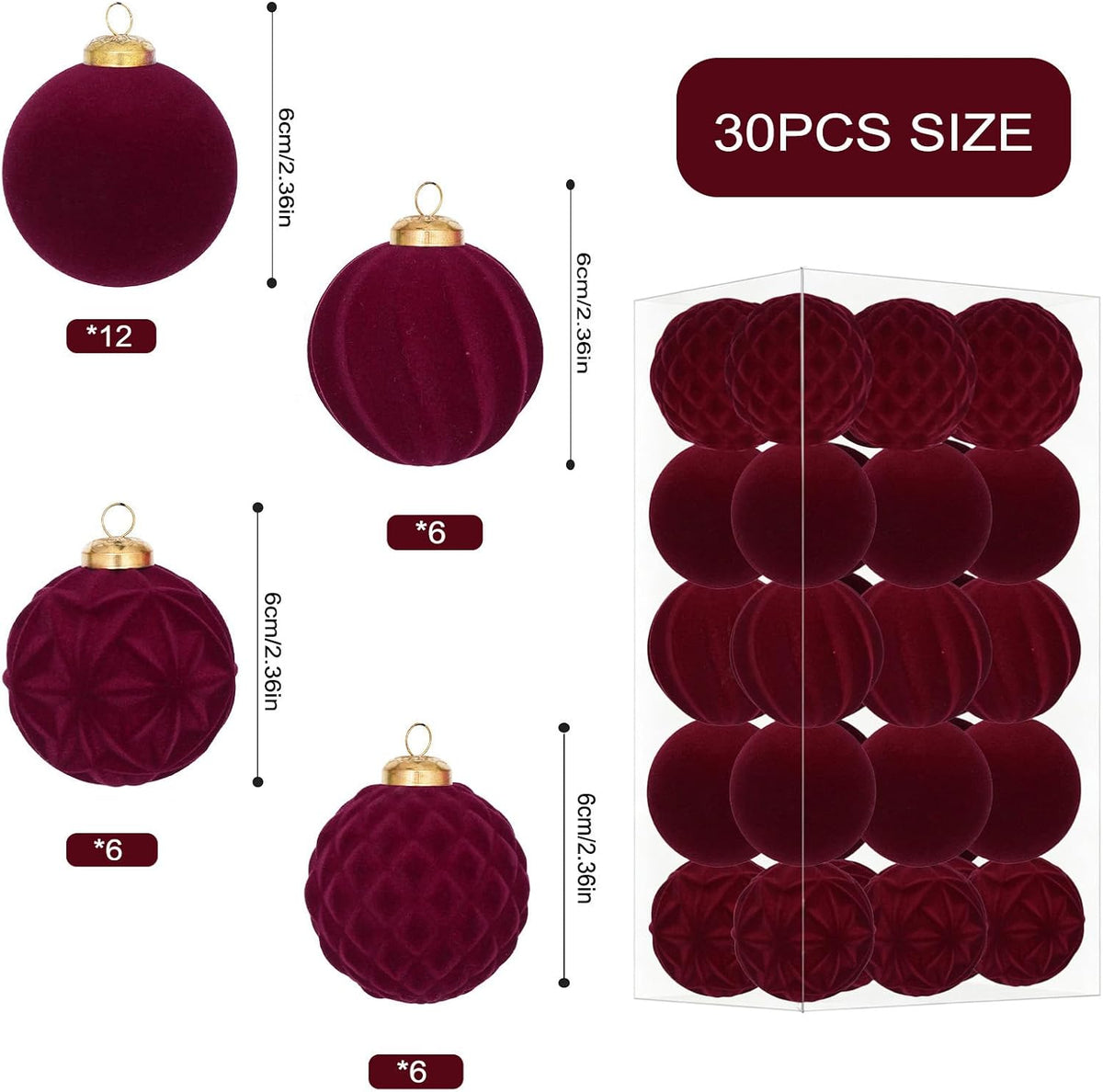 30Pcs Burgundy Velvet Christmas Ball Ornaments for Xmas Tree Decorations