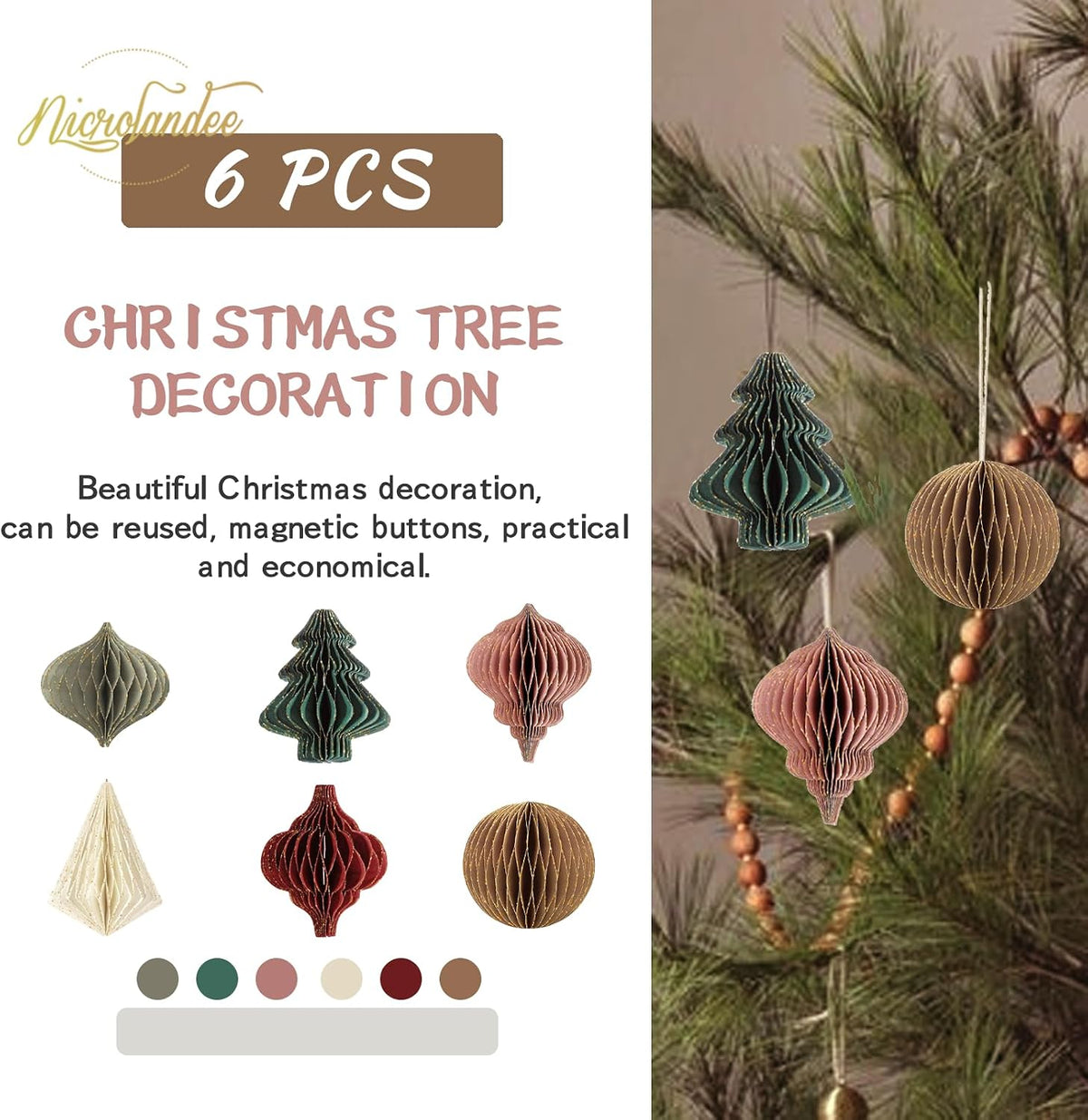 NICROLANDEE Christmas Party Decorations - 6 PCS Paper Honeycomb Ornaments