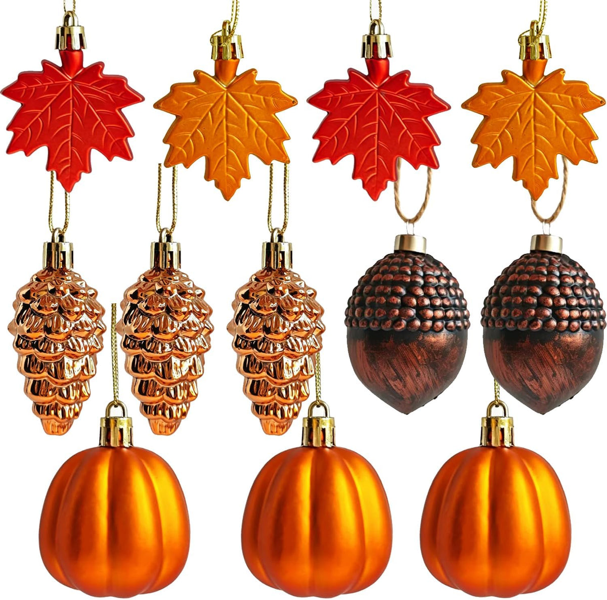 12 PCS Fall Tree Decorations Ornaments, 3D Plastic Fall Ornaments for Tree Pumpkin Leaves Pinecone Acorn Home Holiday Party Decor