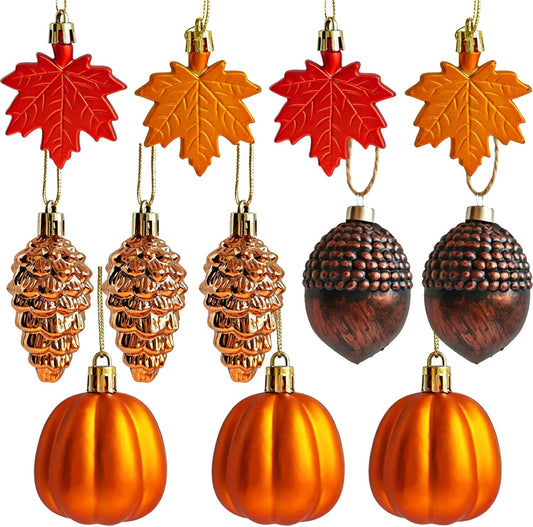 12 PCS Fall Tree Decorations Ornaments, 3D Plastic Fall Ornaments for Tree Pumpkin Leaves Pinecone Acorn Home Holiday Party Decor