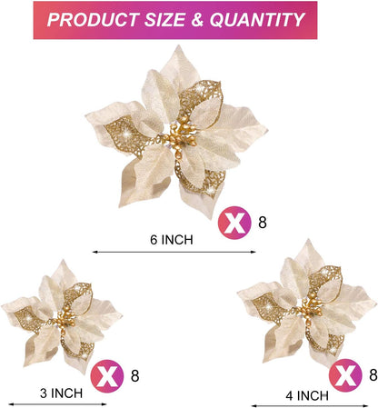 Boao 24 Pieces Christmas Artificial Glitter Poinsettia Flowers Xmas Flowers Wedding Christmas Tree New Year Ornaments(Gold)