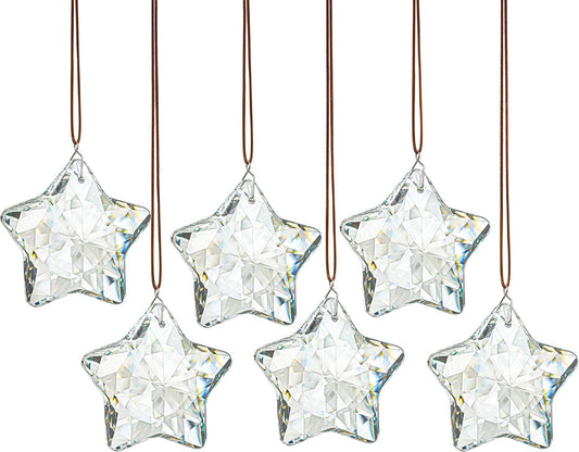 6 Pcs Clear Crystal Star Ornaments Faceted Christmas Hanging Decor