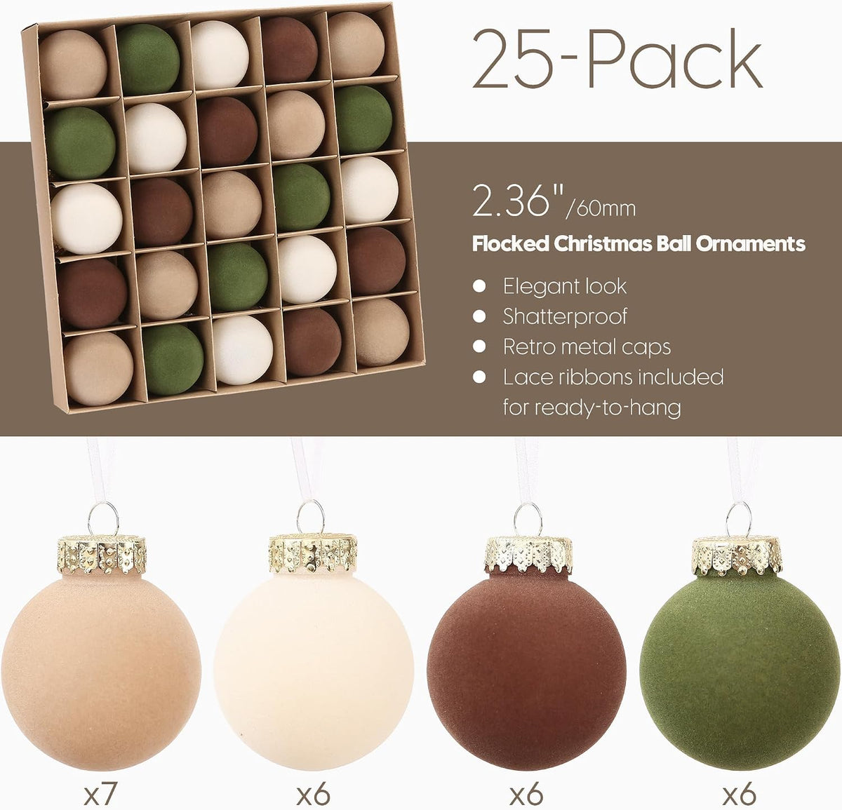 Sea Team 25-Pack Flocked Velvet Christmas Ball Ornaments, Prairie Fall