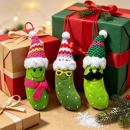 3 Pack Pickle Ornament, Green Felt German Christmas Ornaments, Funny Cute