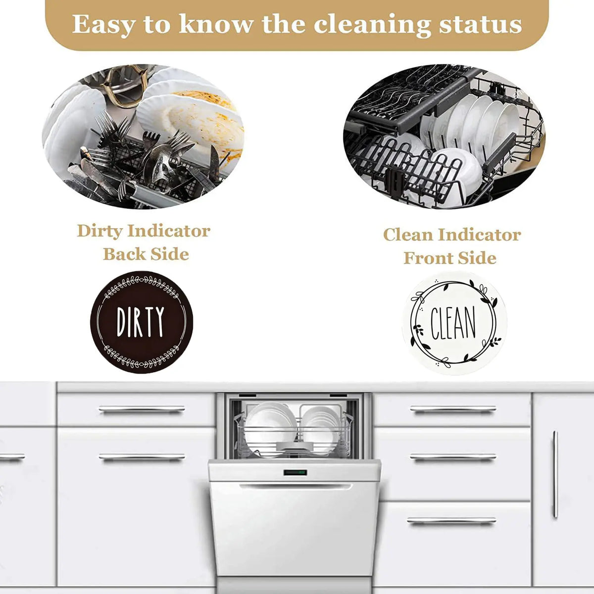 1-Piece Reversible Dishwasher Clean-Dirty Magnet Sign with Stickers - Reversible Signal, Strong Magnet, Scratch-Free, Waterproof, Easy to Read, Fits Dishwashers & Storage, Aesthetic Kitchen Decor, Kitchen Life Saver