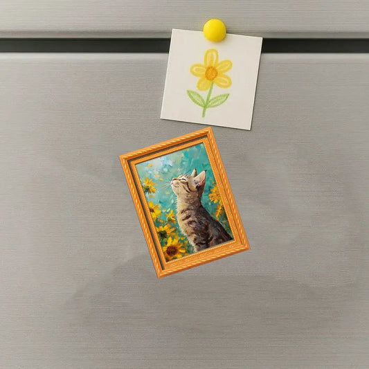 Sunflower Tiger Stripe Cat Painting Style Refrigerator Magnet, Fridge Magnet, Refrigerator Magnets Decorative, Healing Cat Magnet, Fresh Farmhouse Decor Magnet, Kitchen/storage Cabinet, Cat Lovers Gift, Magnetic Item