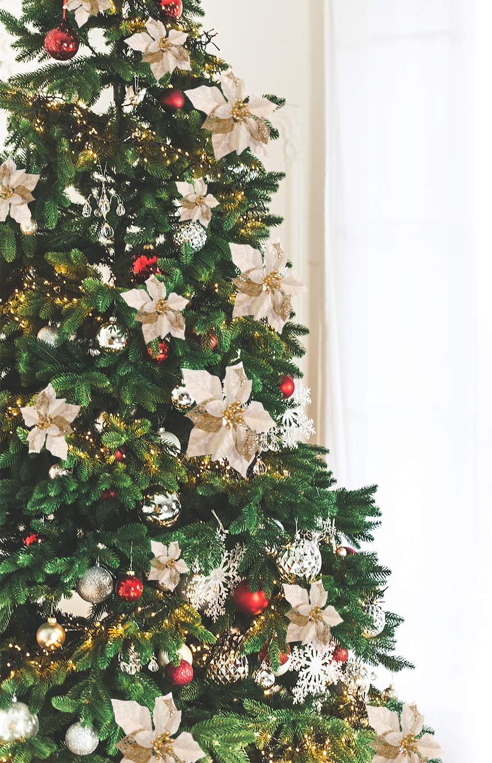 Boao 24 Pieces Christmas Artificial Glitter Poinsettia Flowers Xmas Flowers Wedding Christmas Tree New Year Ornaments(Gold)