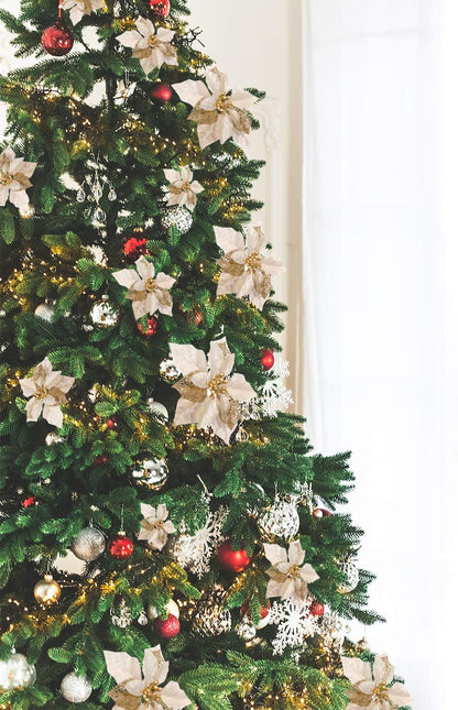 Boao 24 Pieces Christmas Artificial Glitter Poinsettia Flowers Xmas Flowers Wedding Christmas Tree New Year Ornaments(Gold)