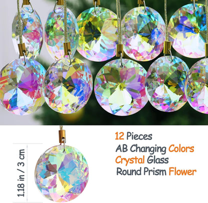 12 Pcs Crystal Glass Christmas Balls Ornaments, 1.18″ Mini Round Prism Flower Xmas Tree Decorations, Hanging Ornament for Wedding Party Home Decor (Crystal AB)