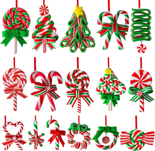 AUGSUN 16Pcs Christmas Lollipop Ornaments, Candy Christmas Tree Decorations Colorful Mini Candy Cane Hanging Ornaments Polymer Clay Peppermint Pendants for Xmas Tree Party Home Decorations