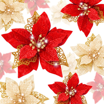 Boao 24 Pieces Christmas Artificial Glitter Poinsettia Flowers Xmas Flowers Wedding Christmas Tree New Year Ornaments(Gold)