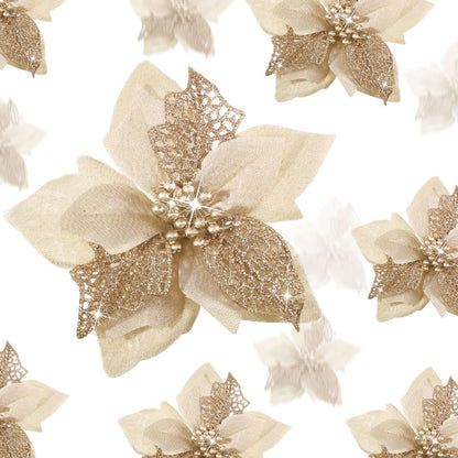 Boao 24 Pieces Christmas Artificial Glitter Poinsettia Flowers Xmas Flowers Wedding Christmas Tree New Year Ornaments(Gold)