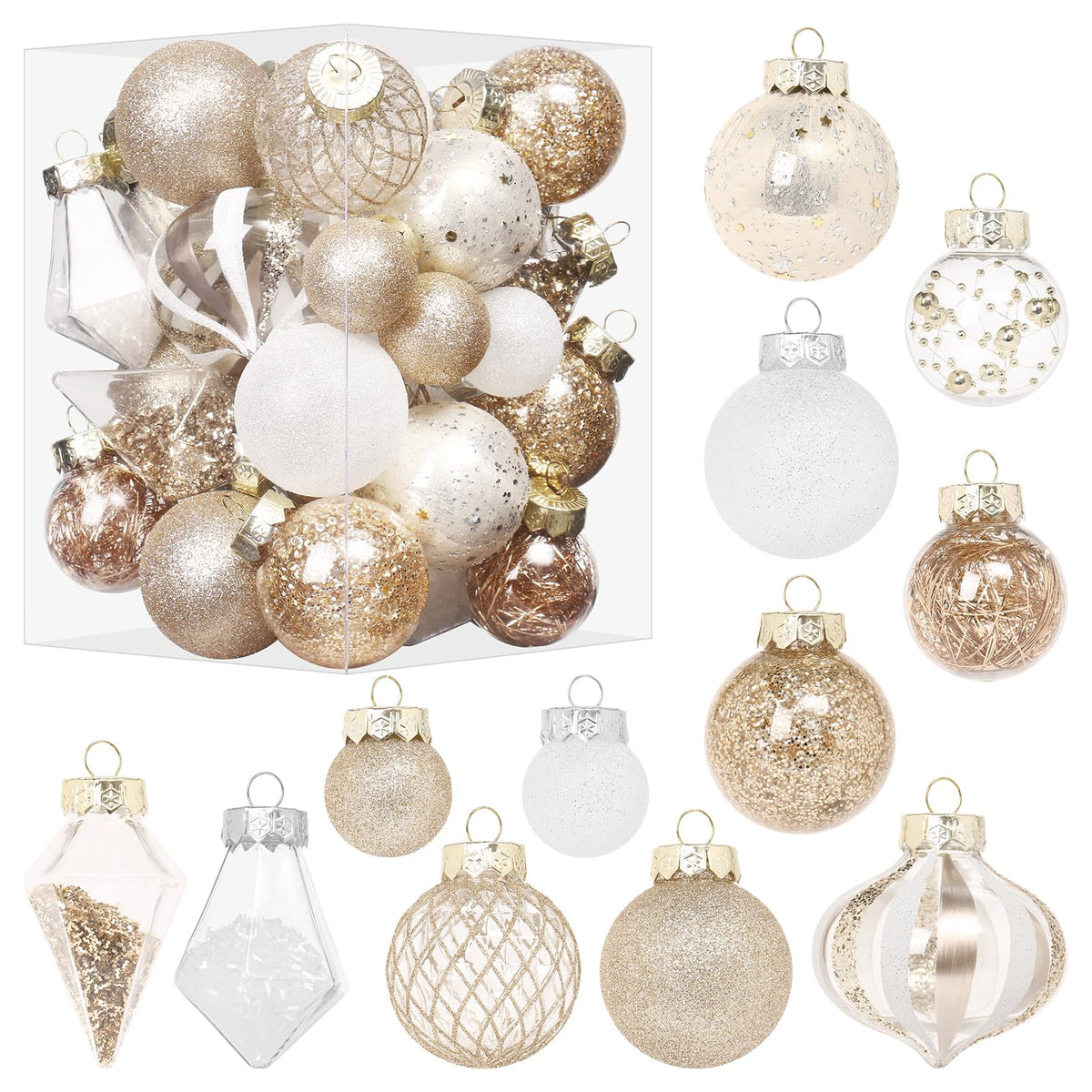 34PCS Champagne/White Christmas Ball Ornaments Set for Tree Decor