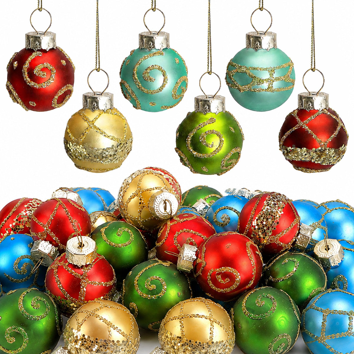 24 Pcs Christmas Mini Glass Ball Ornaments, Mini Glitter Xmas Hanging Balls