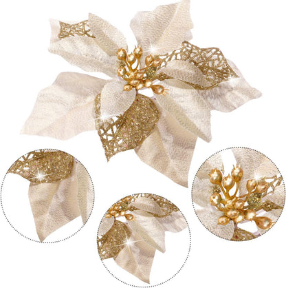 Boao 24 Pieces Christmas Artificial Glitter Poinsettia Flowers Xmas Flowers Wedding Christmas Tree New Year Ornaments(Gold)