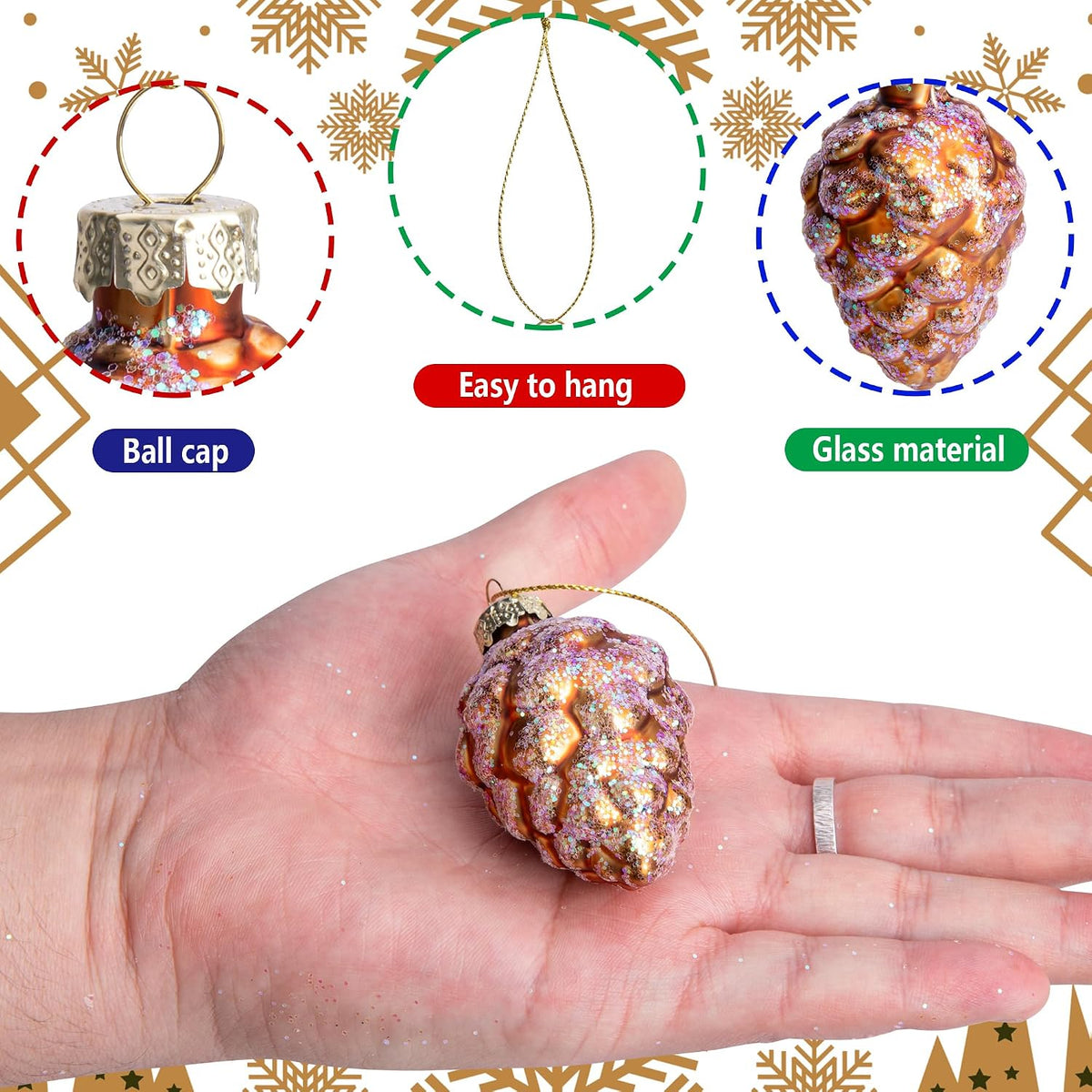12 Pcs Pine Cone Glass Ornaments - Christmas & Fall Hanging Pinecone Decor