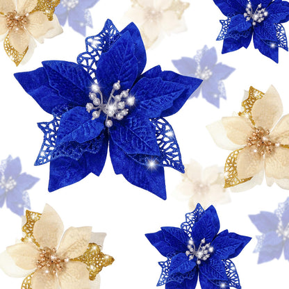Boao 24 Pieces Christmas Artificial Glitter Poinsettia Flowers Xmas Flowers Wedding Christmas Tree New Year Ornaments(Gold)