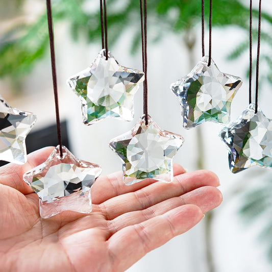 6 Pcs Clear Crystal Star Ornaments Faceted Christmas Hanging Decor