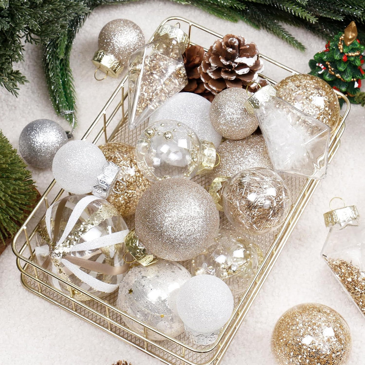34PCS Champagne/White Christmas Ball Ornaments Set for Tree Decor