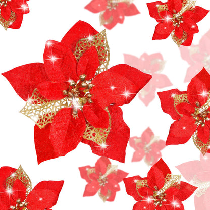 Boao 24 Pieces Christmas Artificial Glitter Poinsettia Flowers Xmas Flowers Wedding Christmas Tree New Year Ornaments(Gold)