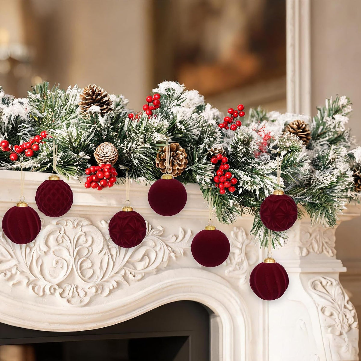 30Pcs Burgundy Velvet Christmas Ball Ornaments for Xmas Tree Decorations