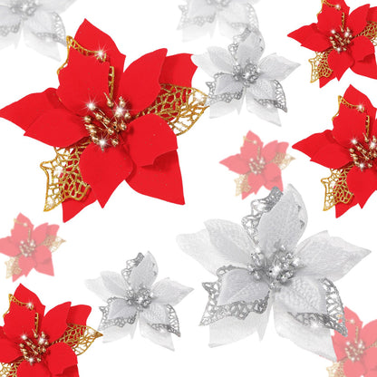 Boao 24 Pieces Christmas Artificial Glitter Poinsettia Flowers Xmas Flowers Wedding Christmas Tree New Year Ornaments(Gold)