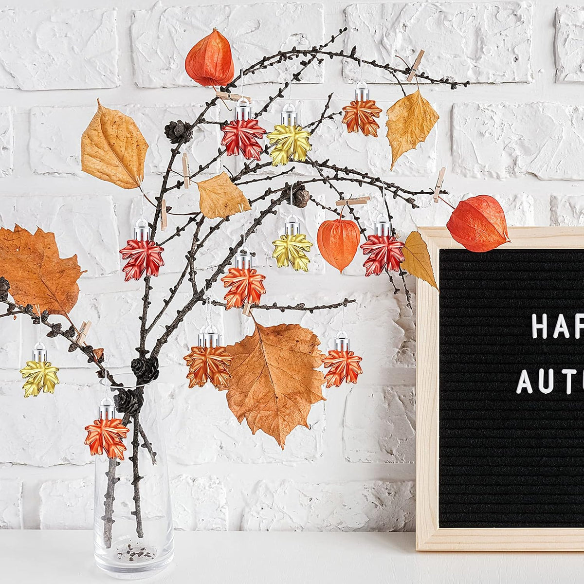 Funtery 24 Pcs Fall Tree Ornaments, Mini Maple Leaf Hanging Decorations